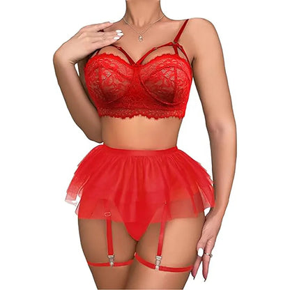 DRIVIKA Three-piece embroidered garter lingerie