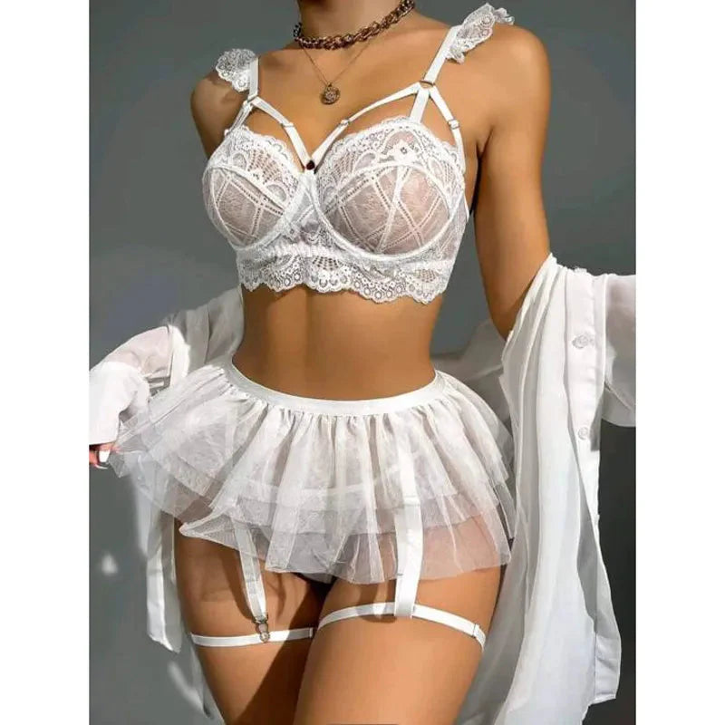 DRIVIKA Three-piece embroidered garter lingerie