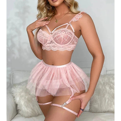 DRIVIKA Three-piece embroidered garter lingerie